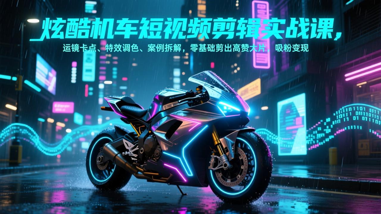 炫酷机车短视频剪辑实战课，运镜卡点、特效调色、案例拆解，零基础剪出高赞大片，吸粉变现-领星网创资源站