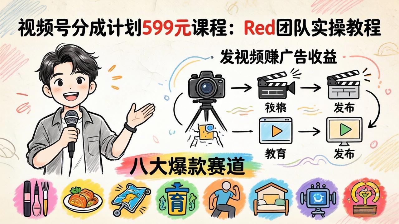 视频号分成计划599元课程：Red团队实操教程，发视频赚广告收益，八大爆款赛道全掌握-领星网创资源站