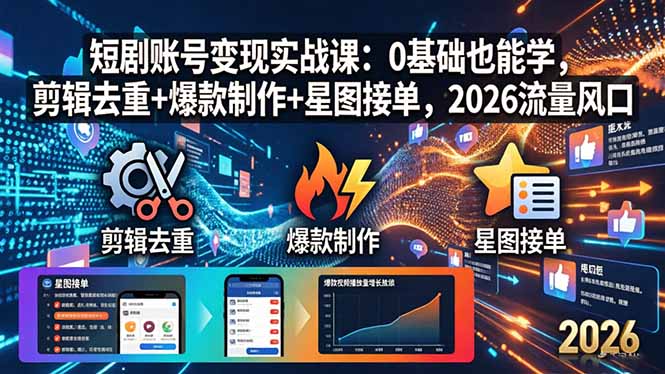 短剧账号变现实战课：0基础也能学，剪辑去重+爆款制作+星图接单，2026流量风口-领星网创资源站