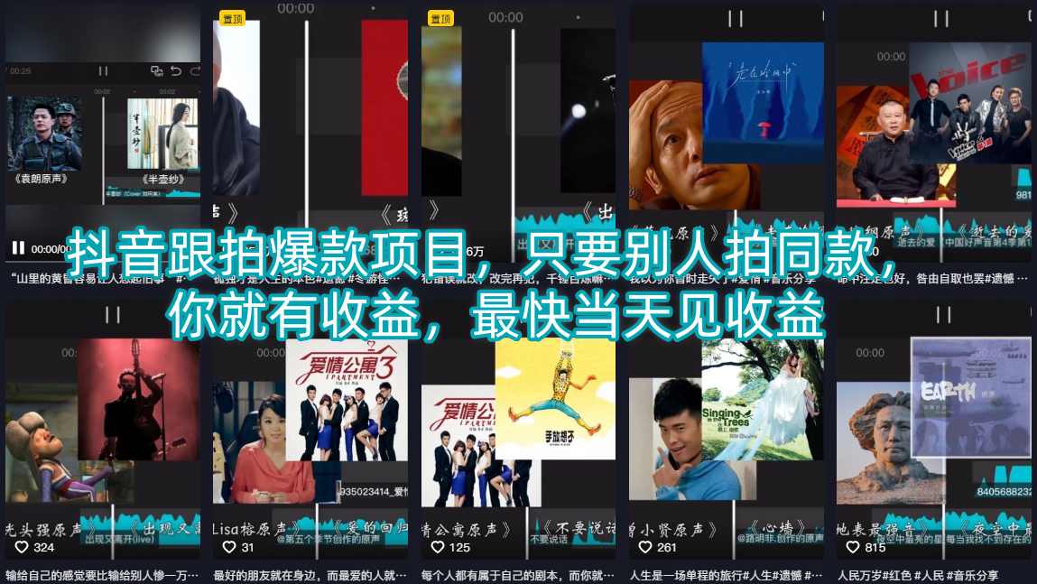 抖音跟拍爆款项目，只要别人拍同款，你就有收益，最快当天见收益-领星网创资源站