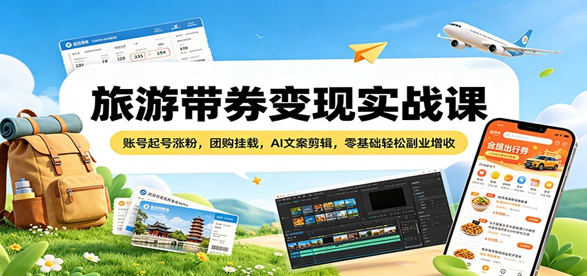 旅游带券变现实战课：账号起号涨粉，团购挂载，AI文案剪辑，零基础轻松副业增收-领星网创资源站