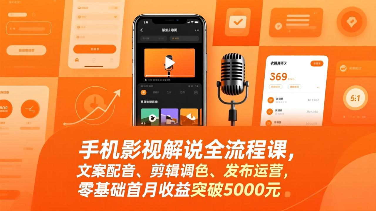 手机影视解说全流程课，文案配音、剪辑调色、发布运营，零基础首月收益突破5000元-领星网创资源站