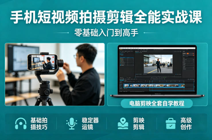 手机短视频拍摄剪辑全能实战课：零基础入门到高手，稳定器运镜+电脑剪映全套自学教程-领星网创资源站