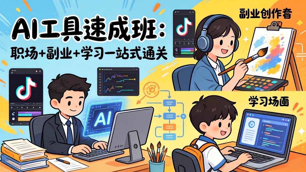 AI工具速成班：职场+副业+学习一站式通关，20+爆款类型+剪映技巧+抖音算法，0基础快速上手-领星网创资源站