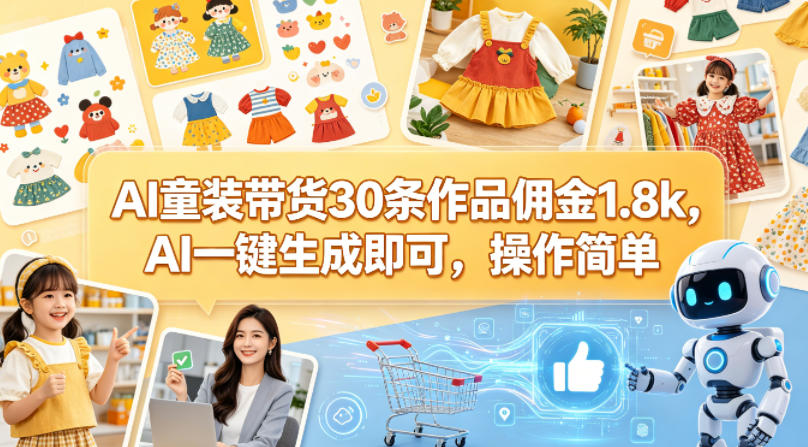 AI童装带货30条作品佣金1.8k，AI一键生成即可，操作简单-领星网创资源站
