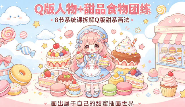 Q版人物+甜品食物团练，8节系统课拆解Q版甜系画法，画出属于自己的甜蜜插画世界-领星网创资源站