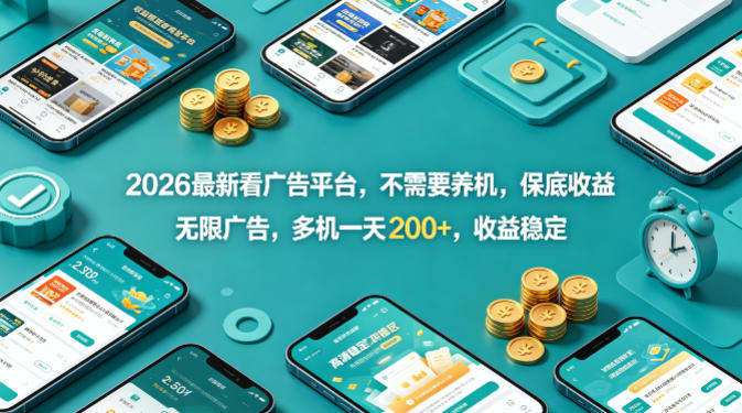 2026最新看广告平台，不需要养机，保底收益，无限广告，多机一天200+，收益稳定【揭秘】-领星网创资源站