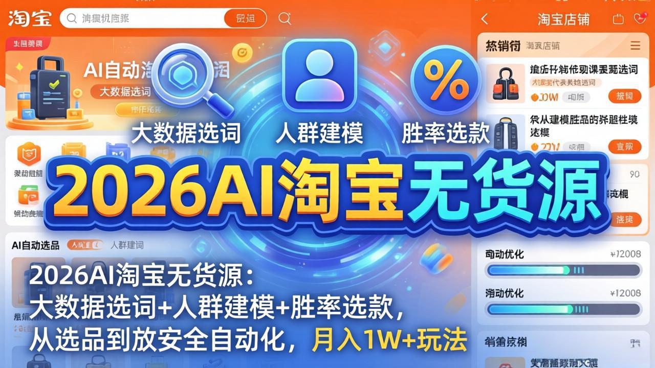 2026AI淘宝无货源-4月更新：大数据选词+人群建模+胜率选款，从选品到放大全自动化，月入1W+玩法-领星网创资源站