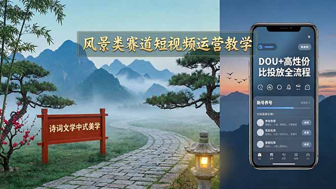 风景类赛道短视频运营教学：诗词文学中式美学，新号养号对标账号定位，DOU+高性价比投放全流程-领星网创资源站
