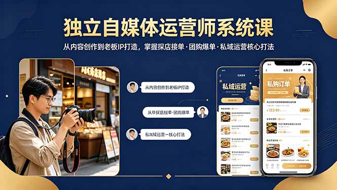 独立自媒体运营师系统课｜从内容创作到老板IP打造，掌握探店接单·团购爆单·私域运营核心打法-领星网创资源站