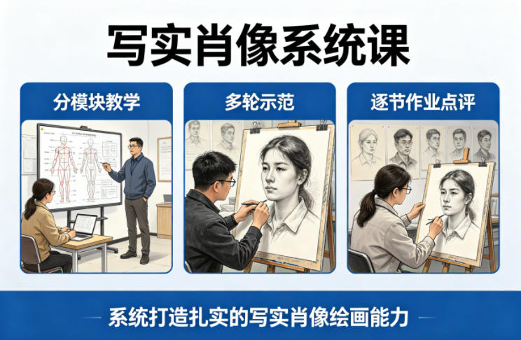 写实肖像系统课，全程分模块教学+多轮示范+逐节作业点评，系统打造扎实的写实肖像绘画能力-领星网创资源站